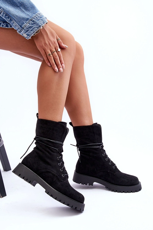 Zamszowe Workery Botki Na Płaskim Obcasie Czarne Jence