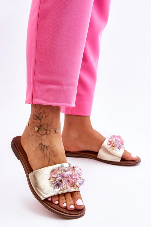 Skórzane Damskie Klapki Z Ozdobą Nicole 2726/064 Złote