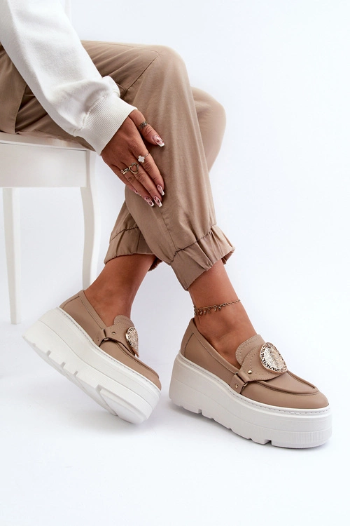 Zazoo 3458 Mokasyny Skórzane Damskie Z Ozdobą Beżowe