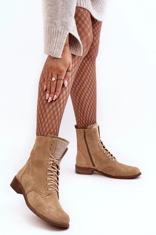 Zamszowe Botki Damskie Beżowe Nicole 2848