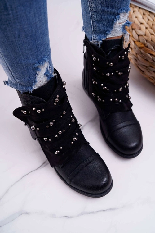 Damskie Botki Płaski Obcas Z Dżetami Czarne Valko