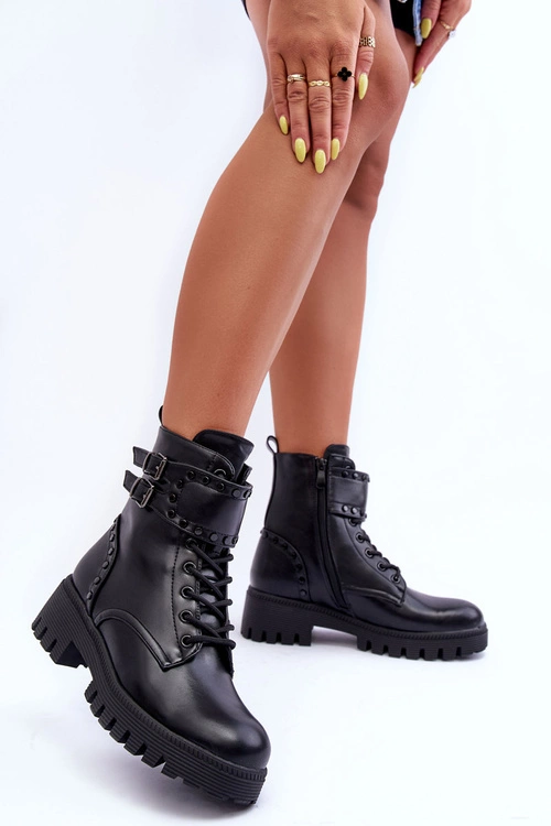 Skórzane Zdobione Botki Workery Czarne Carshena