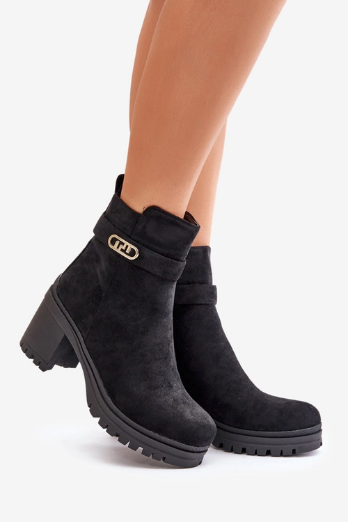 Botki Damskie Na Słupku Eko Zamszowe Ocieplane Na Zamek Czarne Laonora