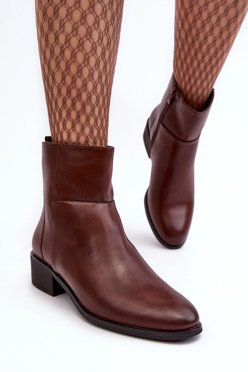 Damskie Skórzane Botki Na Suwak Brązowe Semotti