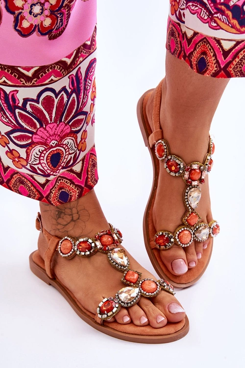 Zamszowe Płaskie Sandały Z Kamieniami Pomarańczowe Dallas