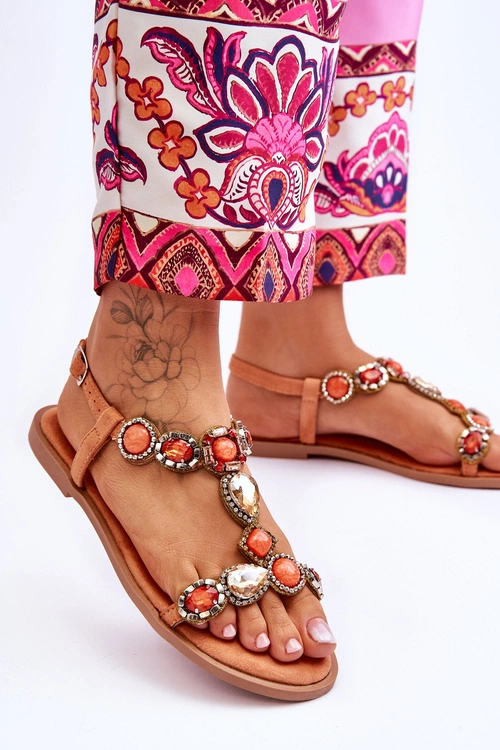 Zamszowe Płaskie Sandały Z Kamieniami Pomarańczowe Dallas