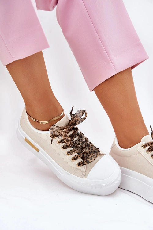 Trampki Damskie Na Masywnej Platformie Z Ozdobnym Sznurowaniem Beżowe Zidora