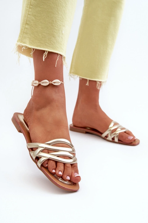 Klapki Damskie Eko Skórzane Na Płaskim Obcasie Złote Moldela