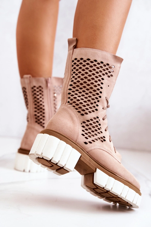 Skórzane Wysokie Botki Workery Nicole Różowe 2706