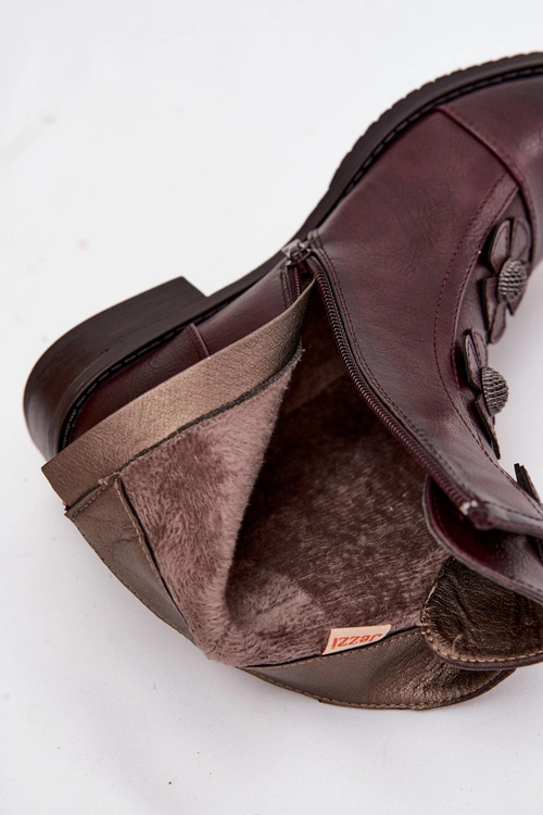 Ocieplane Botki Damskie Na Płaskim Obcasie Z Ozdobnymi Kwiatkami Bordowe Pravienne