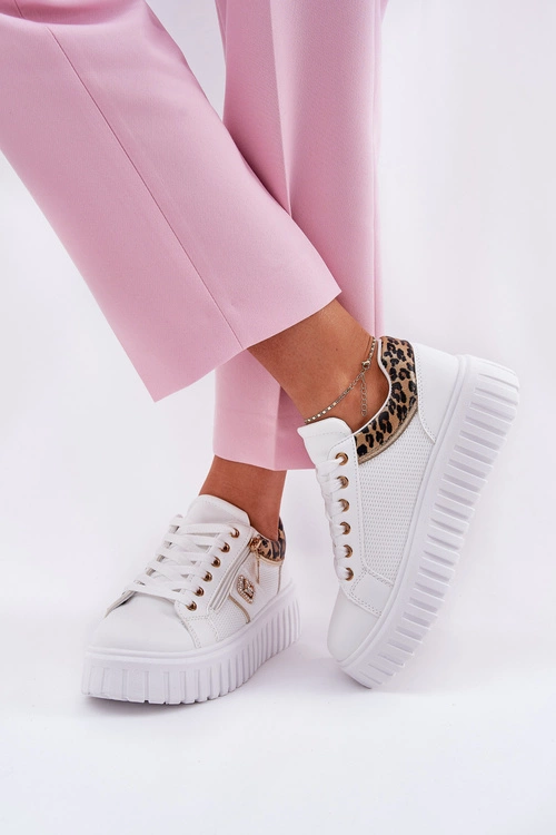 Buty Sportowe Damskie Na Platformie Z Eko Skóry Panterka Białe Velionna