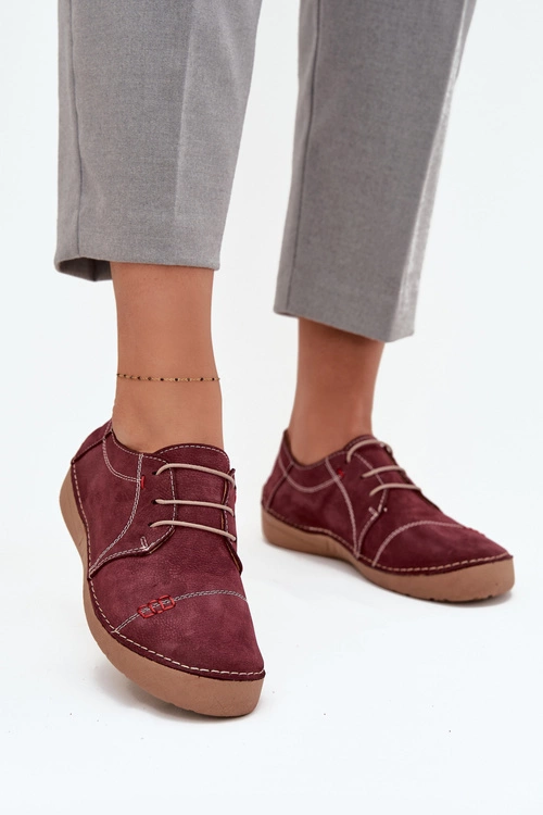 Skórzane Półbuty Damskie Z Przeszyciami Artiker 57C2111 Bordowe