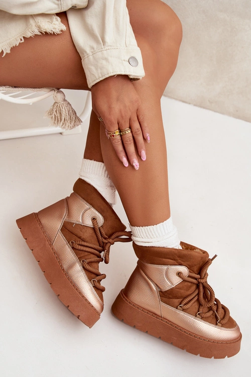 Niskie Śniegowce Damskie Ocieplane Futerkiem Z Grubym Wiązaniem Camel Xarina