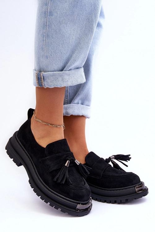 Zamszowe Półbuty Mokasyny Damskie Czarne Ramvli