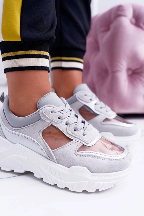 Sportowe Damskie Buty Gruba Podeszwa Transparentne Szare Running