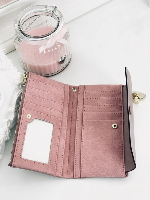 Duży Damski Portfel Złote Okucia Pudrowy Róż