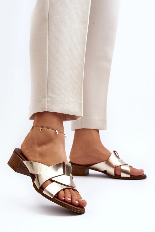 Zazoo 40236 Skórzane Klapki Damskie Na Niskim Obcasie Złote