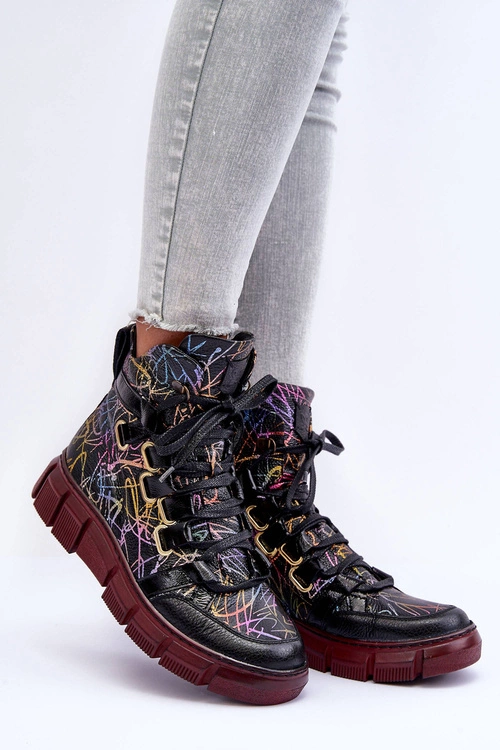 Skórzane Płaskie Sznurowane Botki Maciejka 06158-01 Czarne