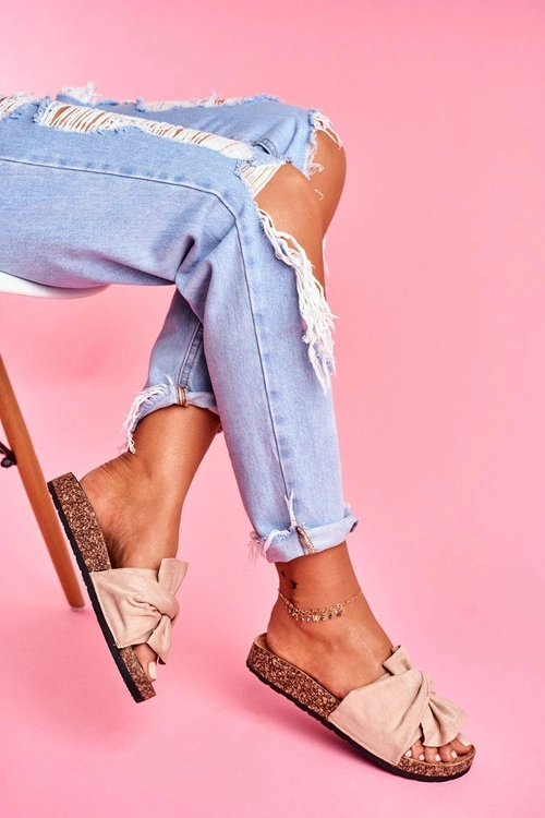 Damskie Klapki Na Korku Kokardki Beżowe Felis