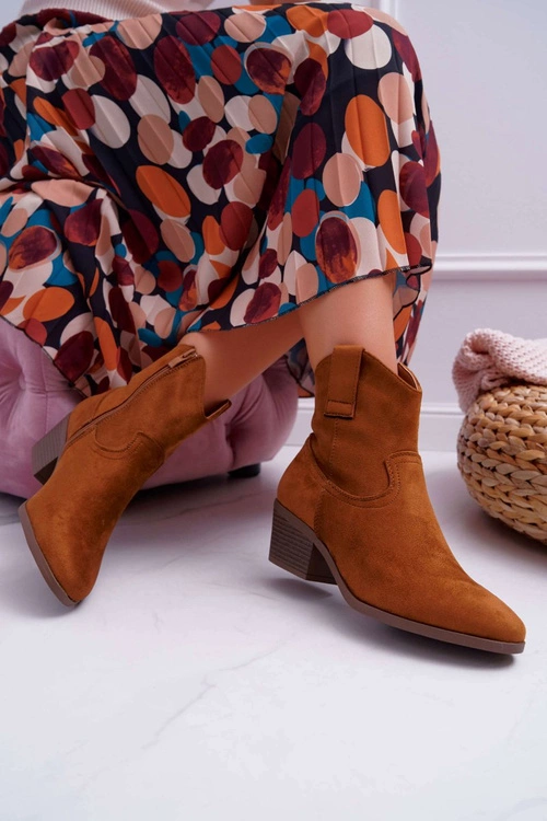 Botki Damskie Płaski Obcas Kowbojki Camel Telifa