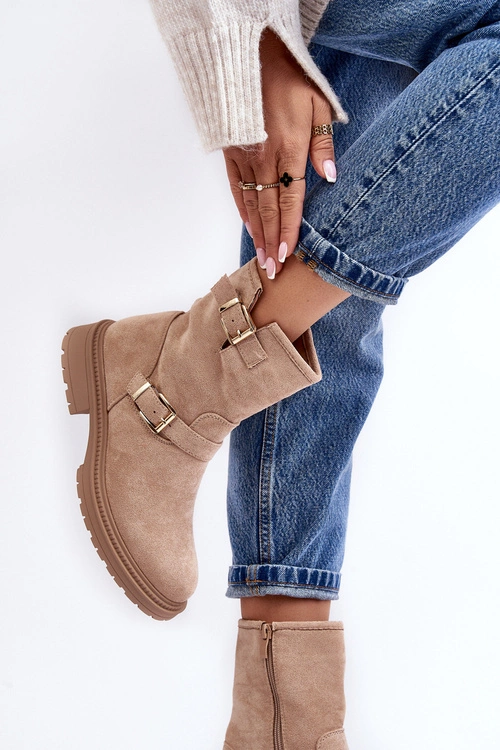 Botki Damskie Na Płaskim Obcasie Z Klamrami Beżowe Bliggore