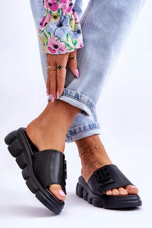 Damskie Skórzane Klapki Na Platformie Z Ozdobą Czarne Monroe