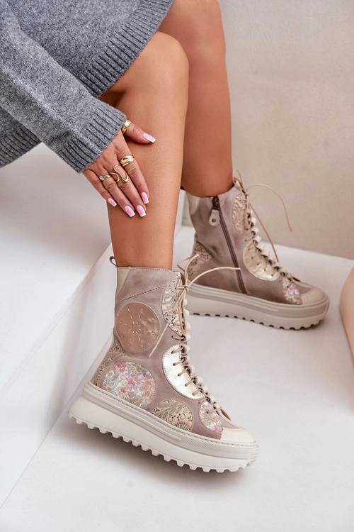 Skórzane Zamszowe Botki Na Platformie Ocieplane Maciejka 06565-04 Beżowe