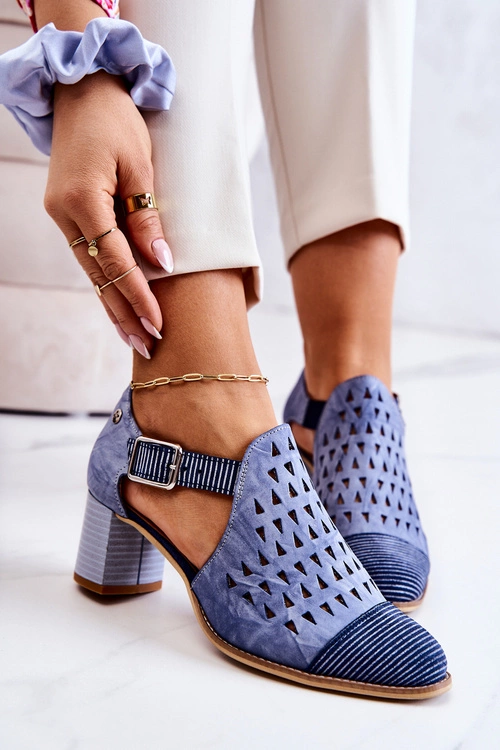 Damskie Skórzane Ażurowe Botki Maciejka 04962-06 Niebieskie