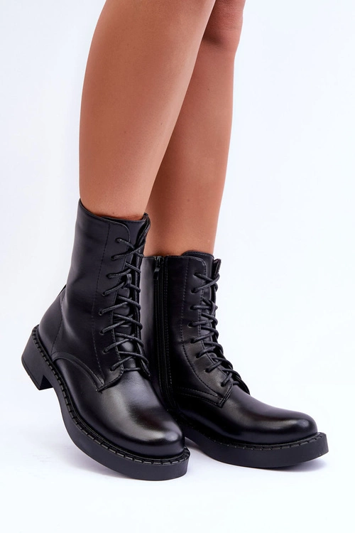 Skórzane Botki Workery Na Płaskim Obcasie Czarne Aganne