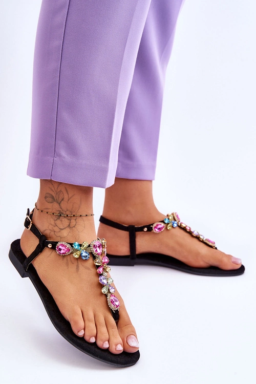 Zamszowe Sandały Japonki Z Kamieniami Czarne Frency