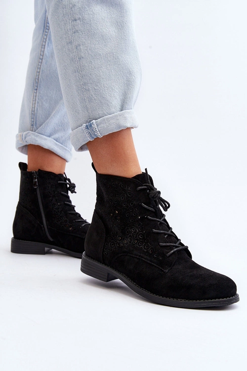 S.Barski HY66-136 Damskie Botki Ze Wzorem Czarne