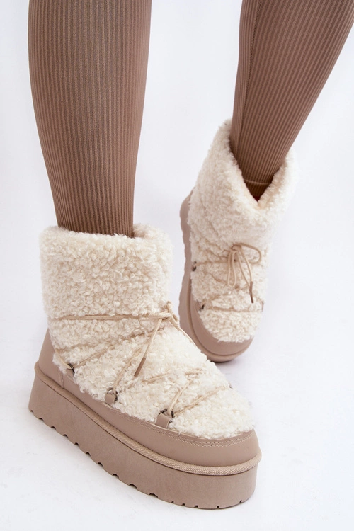 Wiązane Śniegowce Damskie Na Grubej Podeszwie Beżowe Loso