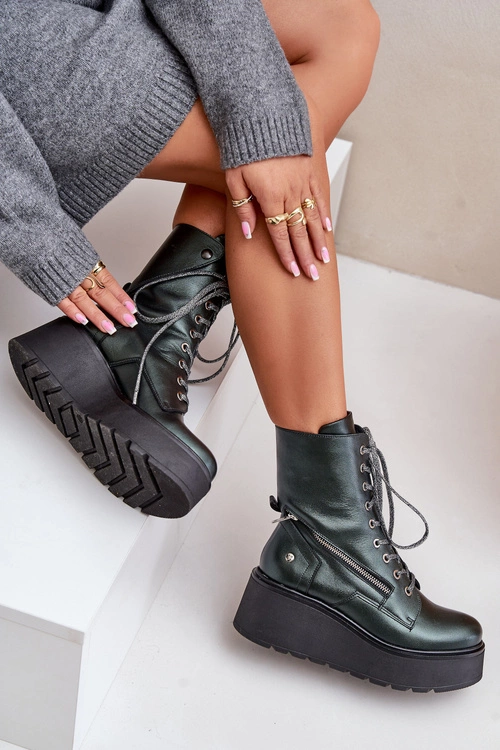 Skórzane Botki Workery Na Platformie I Koturnie Maciejka 06676-09 Zielone