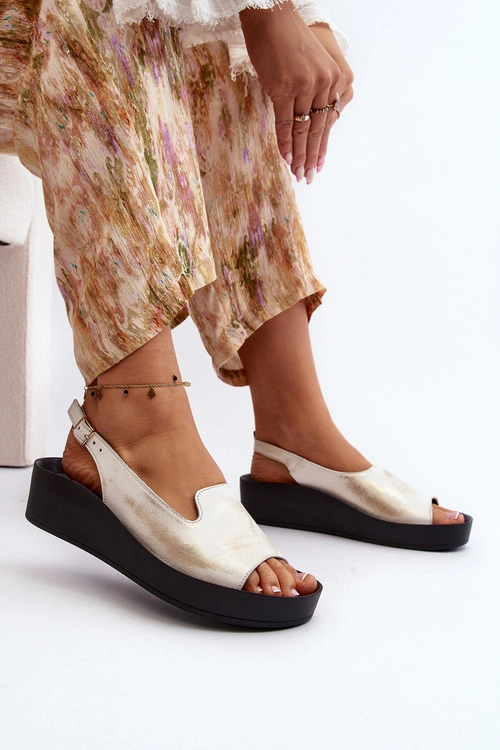 Zazoo 2893 Sandały Damskie Skórzane na Grubej Podeszwie Złoty Przecierany