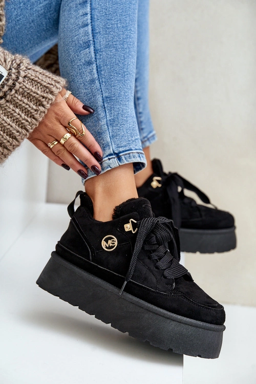 Ocieplane Futerkiem Sneakersy Damskie Na Platformie Czarne Velarisea