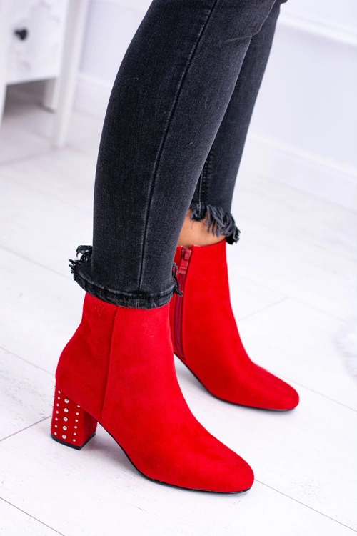 Ciepłe Damskie Botki Na Słupku Czerwone Jokasta