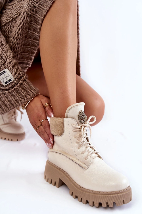 Damskie Skórzane Trapery Botki Jasnobeżowe Lemar Vergo