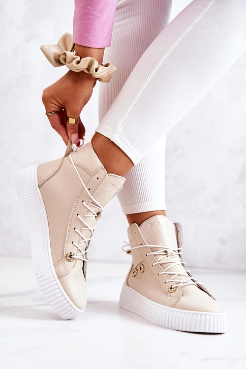 Botki Wysokie Trampki Skórzane Beżowo-Białe Ashlee