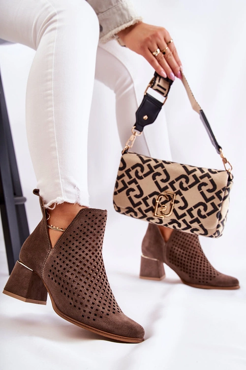 Zamszowe Ażurowe Botki Lewski Shoes 3165 Brązowe