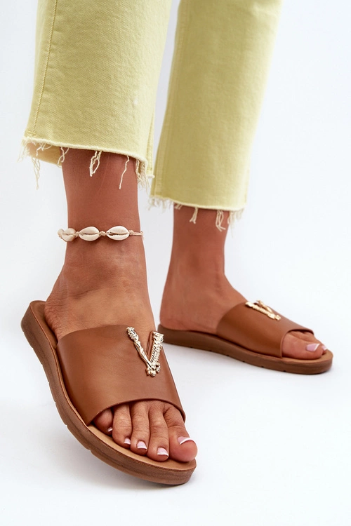 Klapki Damskie Na Płaskiej Podeszwie Z Ozdobą Eko Skórzane Brązowe Makia