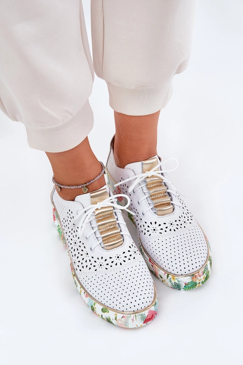 Skórzane Półbuty Damskie Na Koturnie Artiker 56C1800 Biało-Złote