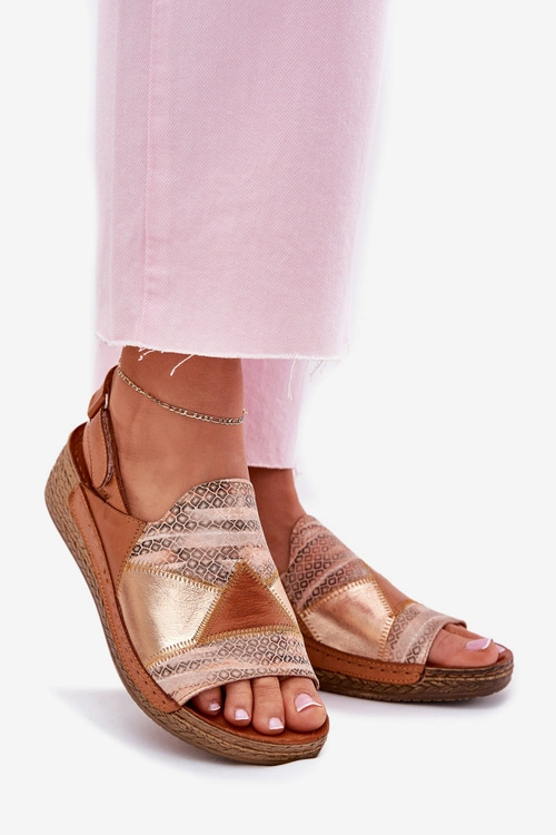 Skórzane Sandały Damskie Na Koturnie Z Plecionką Maciejka L7067-29 Brązowe