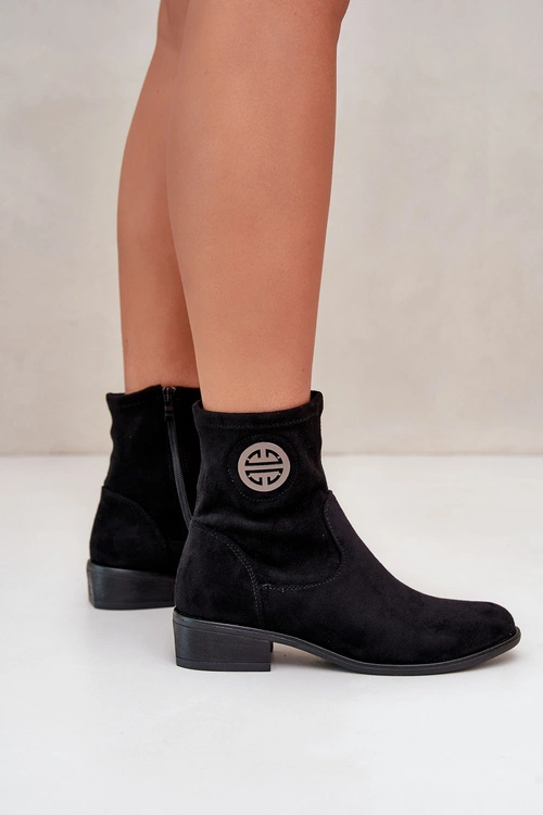 Botki Damskie Zapinane Na Zamek Z Ozdobnym Detalem Eko Zamszowe Czarne Lerioria