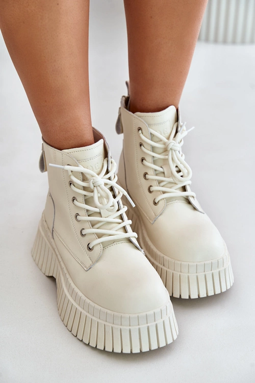 Ocieplane Skórzane Botki Trapery Na Masywnej Podeszwie GOE OO2N4127Jasnobeżowe