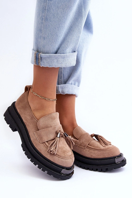 Zamszowe Półbuty Mokasyny Damskie Beżowe Ramvli