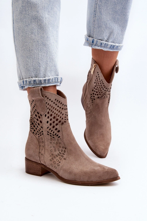 Zazoo 3305 Damskie Ażurowe Botki Kowbojki Na Niskim Obcasie Zamszowe Cappucino