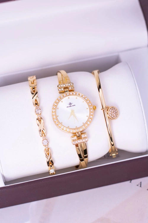 Zestaw Michael John Złoty Damski Zegarek Z Cyrkoniami Dwie Bransolety