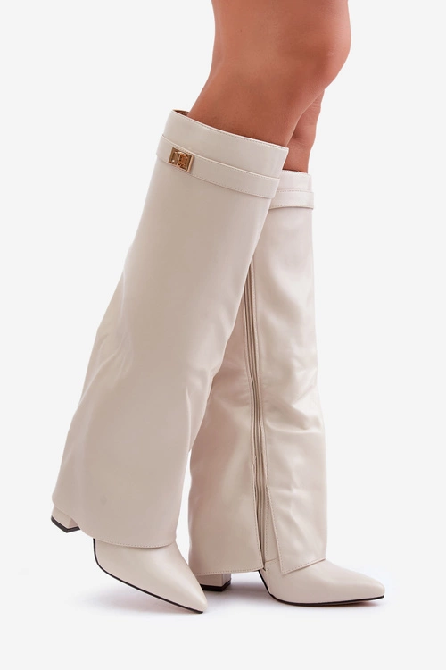 Kozaki Damskie Eko Skórzane Z Wywiniętą Cholewką Na Słupku Jasnobeżowe Avamora