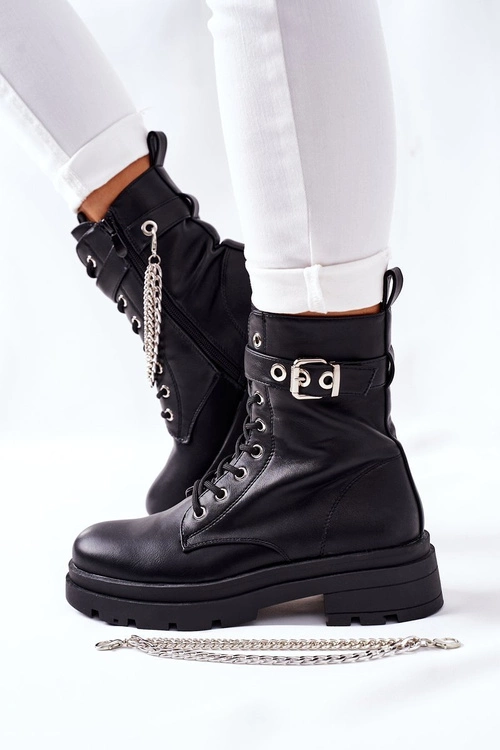 Czarne Workery Botki z Łańcuchem Midtown