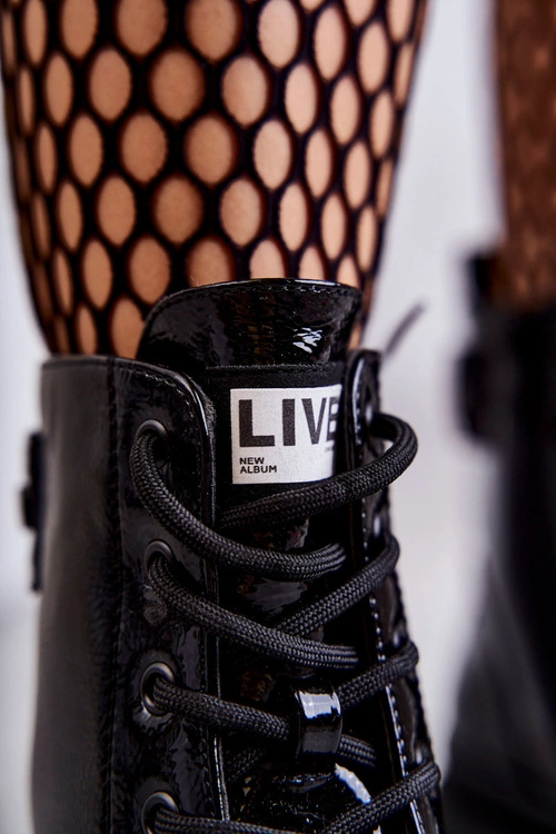 Damskie Lakierowane Botki Workery Sznurowane Czarne Conny